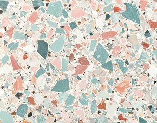 Fototapeta premium Close-up flat lay of a terrazzo texture with pastel pink, teal, and white stones, creating a calm and serene mood against a neutral background.