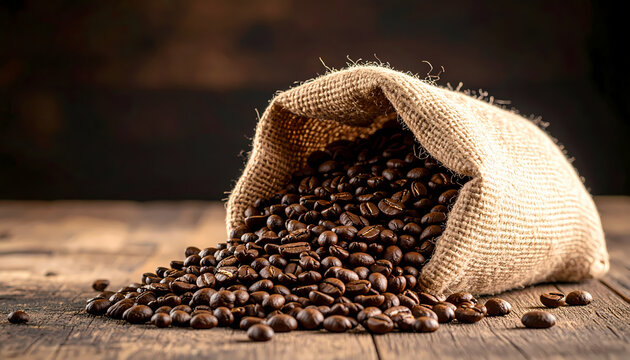 Aromatic fresh roasted brown coffee bean spilling from burlap sack onto rustic dark wood table. rich aroma evokes feeling of warmth and energy for morning brew