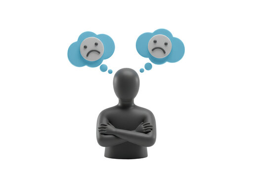 Isolated sad person with bad thoughts, depression and mental health problems, no background