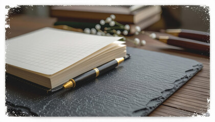 Blank notebook with pen on leather desk in cozy workspace  