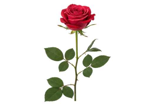 Isolated scarlet red rose flower on a stem with dark green leaves for greeting card design