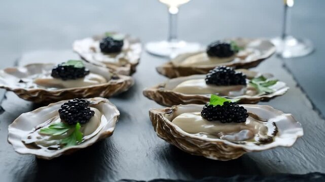 Fresh oyster and caviar gourmet seafood still life on slate plate