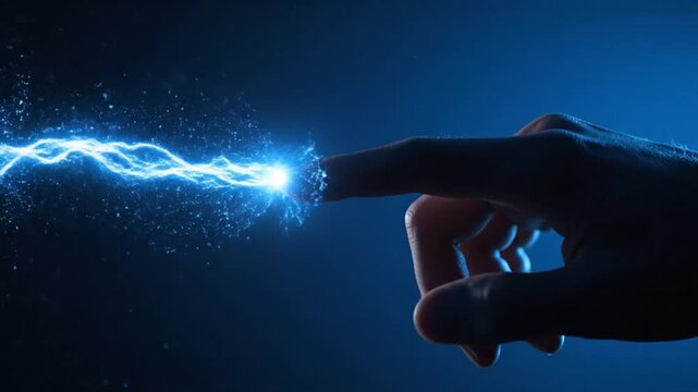 Hand Touching Electric Spark with Light Blue Lightnings on Deep Blue Background