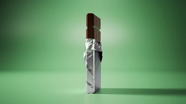 Partially Unwrapped Dark Chocolate Bar in Silver Foil Standing on Vibrant Green Background with Shadow