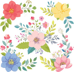 Obraz premium Set of detailed various flowers and foliage, intricate details and delicate forms. Hand drawn vector illustration with elegant botanical elements leaf, detailed, draw, invitation, motif.vector 