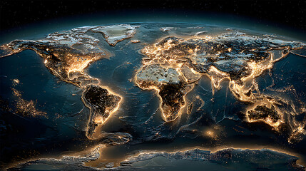 Stunning view of world map illuminated by city light, showcasing vibrant energ of urban areas across coninents. contrast between lnd and ocean highlights inerconnectedness of global ities