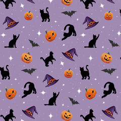 Pattern with cats and pumpkins.Vector seamless pattern with black cats, pumpkins and Halloween hats on a colored background with bats.