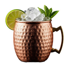 Perfectly crafted Moscow Mule cocktail in a gleaming hammered copper mug, filled with frosty crushed ice, lime, and mint, isolated on a dark studio background with creamy bokeh. Concept for beverage