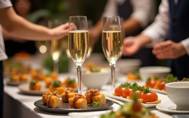 stylish champagne glasses and food  appetizers on table at wedding reception. luxury catering at celebrations. serving food and drinks at events concept. High quality