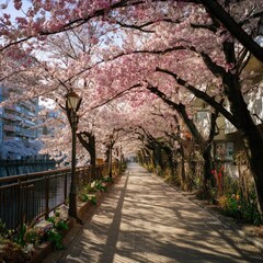 Naklejka premium Sakura-lined walkway with gentle breeze and cloud shadows