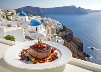 Gourmet meal with stunning santorini caldera ocean views © Graphabir