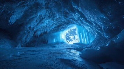 Glacier cave interior blue light