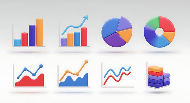 Various colorful dimensional charts and graphs on a white background