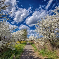 Scenic cherry trail in bloom with high fluffy clouds above