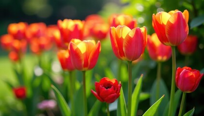 Obraz premium Vibrant tulips, blooming roses, lush green foliage, floral, detail