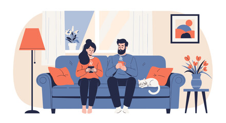 Couple enjoying leisure time together playing games on their phones while relaxing on the couch