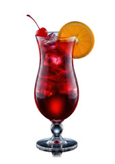 A vibrant ruby red Hurricane cocktail in a tall stemmed glass with ice, orange and cherry, on a dark reflective surface with a blurred dark studio background, concept of sophisticated refreshment