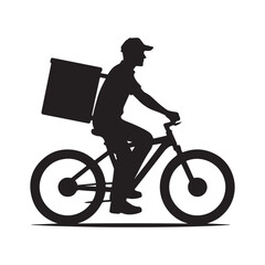 Obraz premium Delivery person with bike vector silhouette outline logo design concept illustration