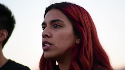 Woman with auburn hair speaks, an Asian man is partially visible in the background