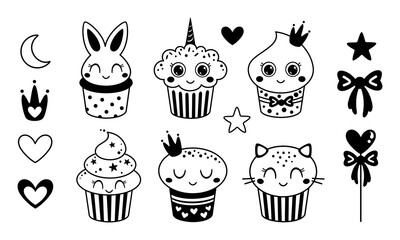 Cute black and white cupcake clipart set. Birthday cupcake doodle with cute faces and decorative elements. Vector illustration