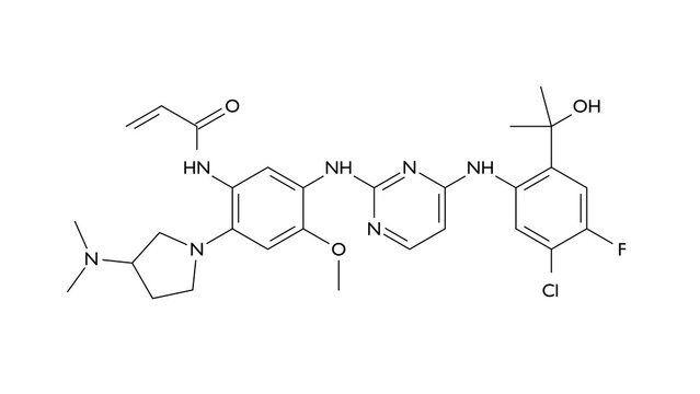 sunvozertinib molecule, structural chemical formula, ball-and-stick model, isolated image egfr inhibitor