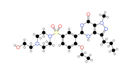 lodenafil molecule, structural chemical formula, ball-and-stick model, isolated image helleva