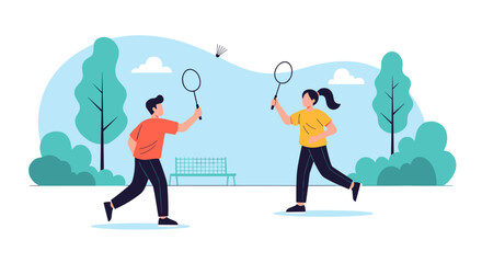 Young couple enjoying a game of badminton in a sunny park on a beautiful day