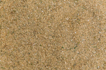 Closeup texture of finely shredded straw and wood shavings scattered across the ground in a barn environment, used as bedding for farm animals