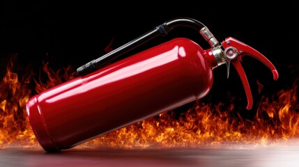 A striking image of a red fire extinguisher positioned against a backdrop of flames, symbolizing safety and emergency preparedness, suitable for safety campaigns.