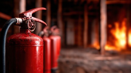 A row of red fire extinguishers set against a rustic backdrop, highlighting safety and preparedness in an artistic yet stark environment filled with warmth and history.