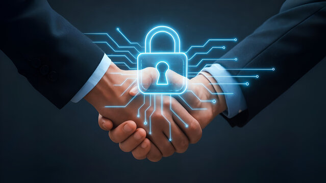 Business Handshake with Holographic Lock and Circuit Lines on White Background
