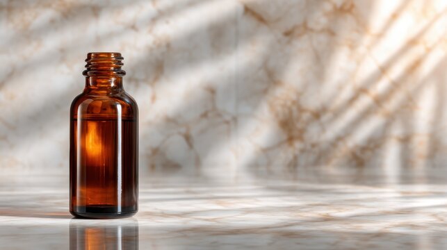 A solo amber glass bottle elegantly placed on a marble surface, emphasizing simplicity and elegance, making it suitable for product photography or branding purposes.