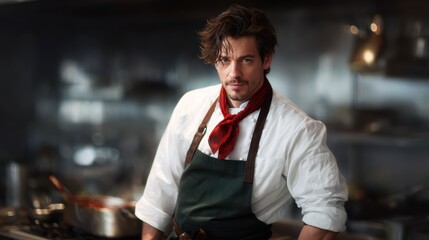 A charismatic chef dressed in a stylish apron and neckerchief stands confidently in a contemporary kitchen, showcasing professionalism and culinary expertise.