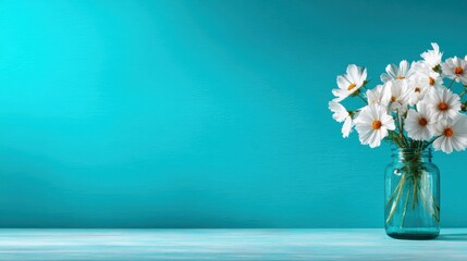 An enchanting display of white flowers arranged in a blue jar, set against a brightly colored turquoise surface, invites feelings of calmness and aesthetic beauty.