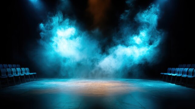 An enigmatic stage comes alive with blue smoky fog and focused lighting, setting a captivating scene for performances filled with drama and emotion.