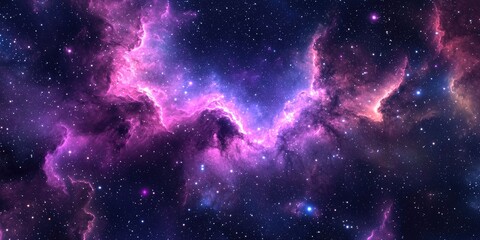 Shimmering cosmic mist of purples and pinks surrounded by radiant starlight