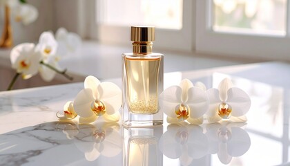 Elegant Fragrance Captivating Bottle with Orchid Blossoms, Light & Shadow on Marble Surface