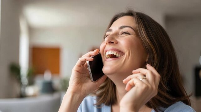 Joyful woman laughing with genuine happiness while talking on phone captured in beautiful slow motion showing pure emotional expression and positive energy