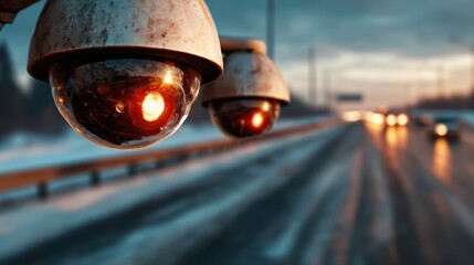 Surveillance cameras hang from poles near a bustling city street, capturing the essence of security and modern living in an urban environment during dusk.