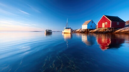 A serene harbor scene featuring colorful boats and charming wooden houses reflecting on calm waters during a beautiful sunrise, exuding tranquility and peace.