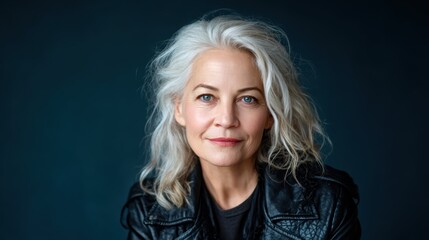 A stunning portrait of an elegant mature woman with beautiful grey hair and a confident expression, showcasing grace, beauty, and the wisdom of age in a contemporary style.