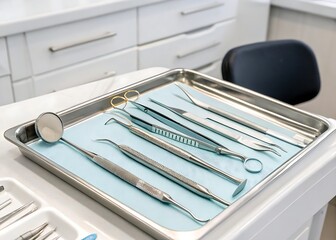 Sterile dental instruments arranged on a tray ready for patient care