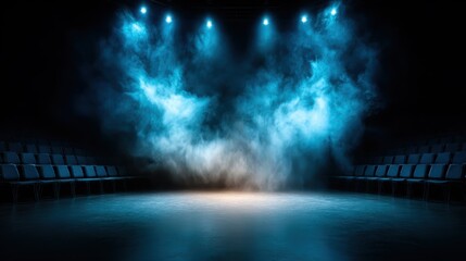 An atmospheric stage scene illuminated by dramatic blue lighting and swirling fog, creating an intriguing ambiance that evokes anticipation and excitement for a performance.