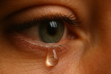 Naklejka premium Close-up of a human eye with a single tear rolling down, capturing raw emotion, vulnerability, and depth in delicate detail.