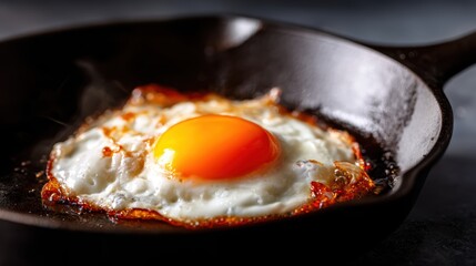 An appetizing image of a vibrant fried egg sizzling in a cast iron skillet, capturing the delicious golden yolk and crispy edges, perfect for food lovers and cooks alike.