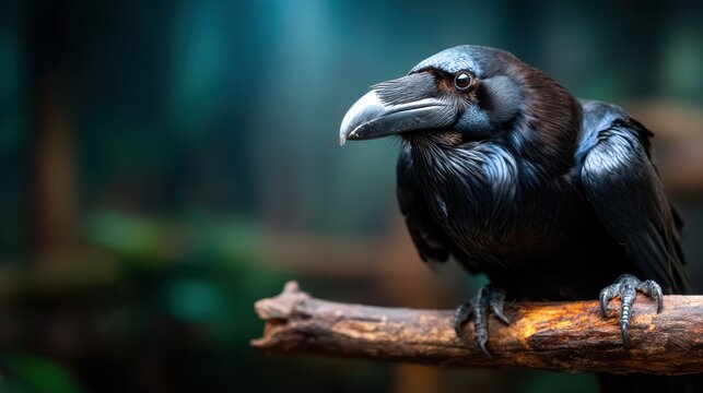 A stunning close-up of a raven resting on a branch, showcasing its glossy black feathers and intense gaze, perfect for wildlife and nature photographers seeking captivating imagery.