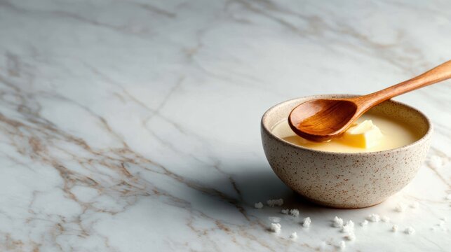 A serene composition featuring a bowl filled with butter and a wooden spoon, set on a marble countertop, ideal for culinary enthusiasts and food bloggers looking for stylish imagery.