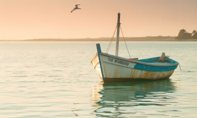 Fototapeta premium Calm water, old boat, sunrise, seagull
