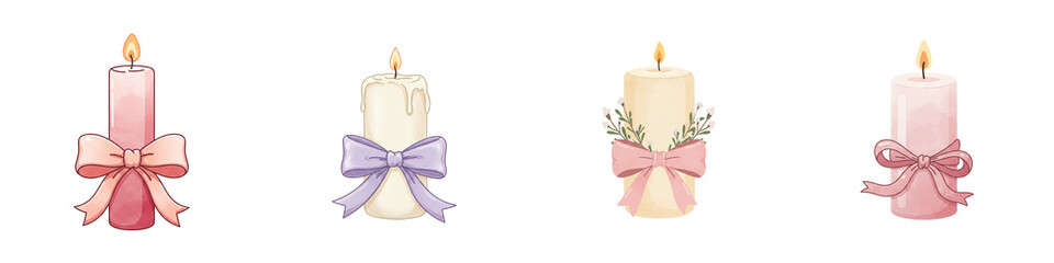 Set of isolated Easter candles with ribbon in pastel colors  