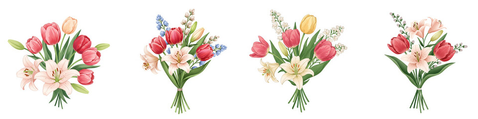 Fototapeta premium Set of isolated spring flowers (tulips, lilies) in elegant bouquets 
